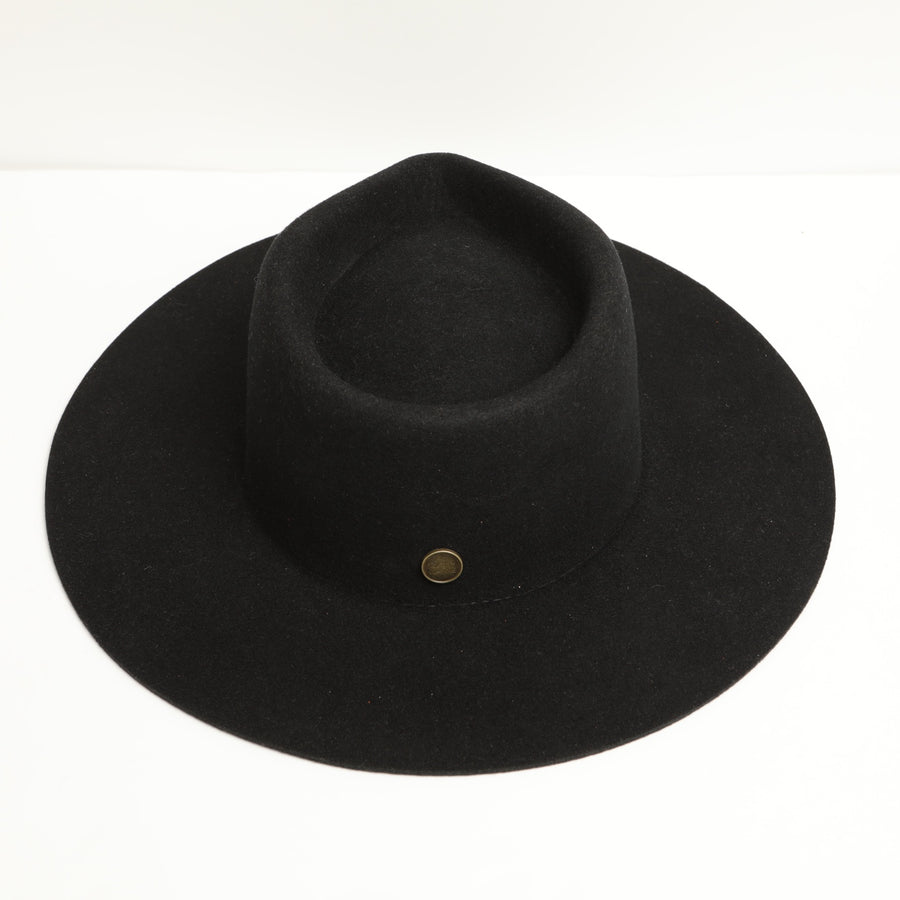 The Estate black fedora front view with signature pin