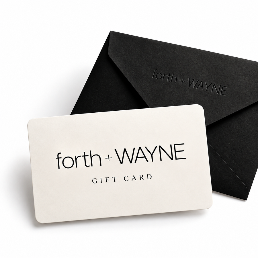 forth + WAYNE digital gift card and black envelope on white background